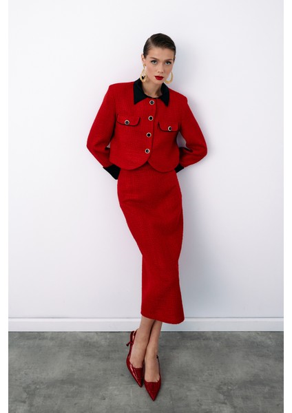 Kontrast Kısa Tüvit Ceket - Kırmızı indirimleri