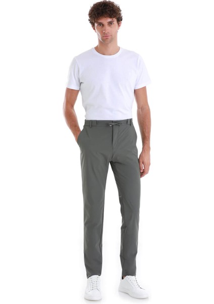 Haki Slim Fit Çizgili Yandan Cepli Jogger Pantolon