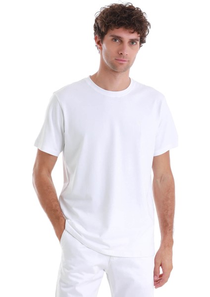 Beyaz Regular Fit Düz Pamuklu Bisiklet Yaka Triko Tişört