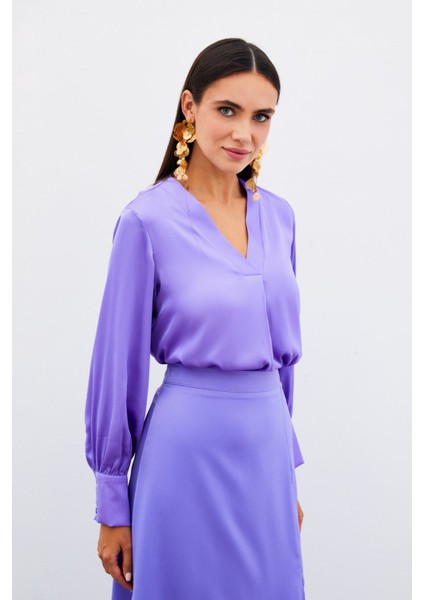 V Yaka Saten Bluz - Lila