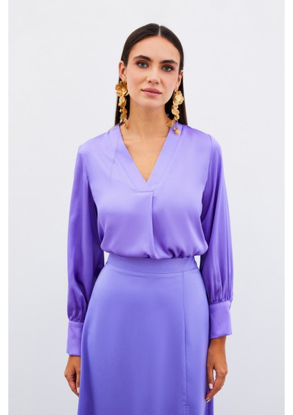 V Yaka Saten Bluz - Lila fiyatları