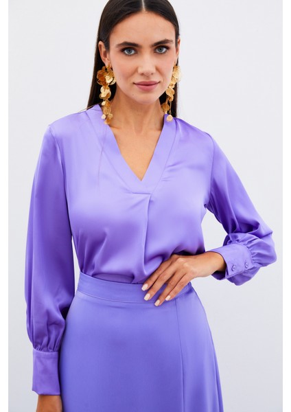 V Yaka Saten Bluz - Lila modelleri