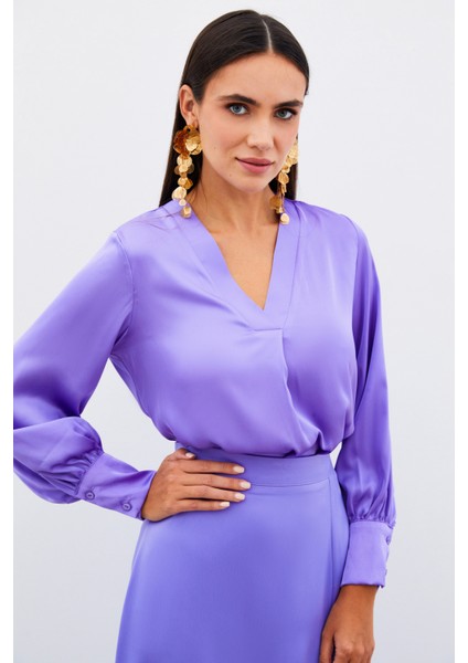 V Yaka Saten Bluz - Lila fırsatları
