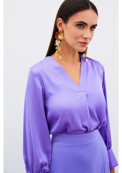V Yaka Saten Bluz - Lila indirimleri