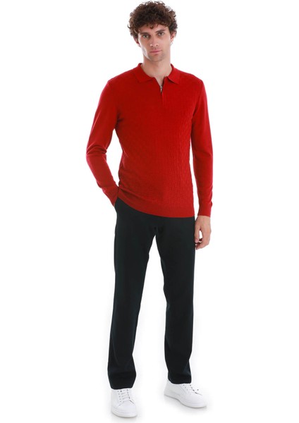 Kırmızı Regular Fit Jakarlı Polo Yaka Yünlü Triko Kazak