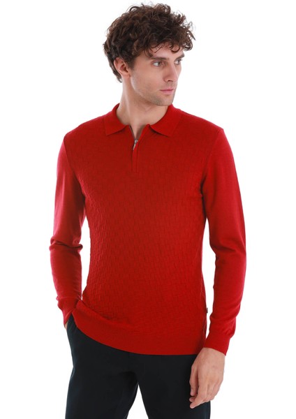 Kırmızı Regular Fit Jakarlı Polo Yaka Yünlü Triko Kazak