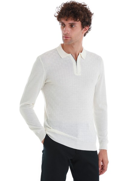 Ekru Regular Fit Jakarlı Polo Yaka Yünlü Triko Kazak
