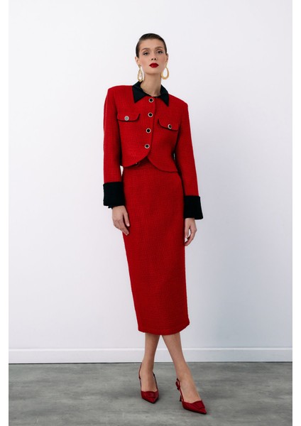 Süs Düğmeli Tüvit Kalem Etek - Kırmızı