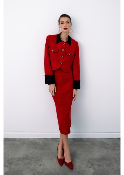 Süs Düğmeli Tüvit Kalem Etek - Kırmızı fiyatları