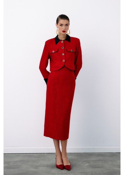 Süs Düğmeli Tüvit Kalem Etek - Kırmızı modelleri