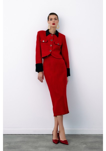 Süs Düğmeli Tüvit Kalem Etek - Kırmızı fırsatları