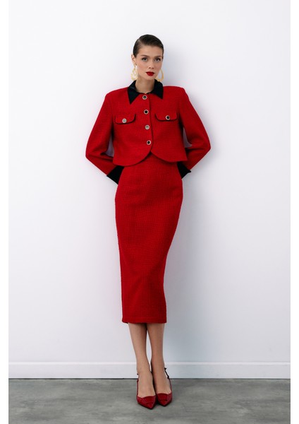 Süs Düğmeli Tüvit Kalem Etek - Kırmızı indirimleri