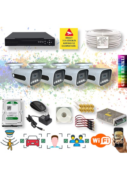 4 Kameralı Set - Insan Yüz Araç Tanımalı Hareket Algılayan Gece Renkli Gösteren 5 Mp Sony Lensli 4 Warm Ledli 1080P Fullhd Güvenlik Kamerası Seti 784W