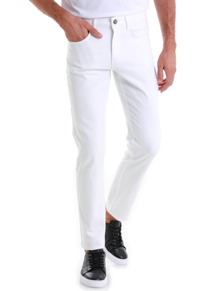 Beyaz Regular Fit Düz 5 Cep Pamuklu Kot Pantolon