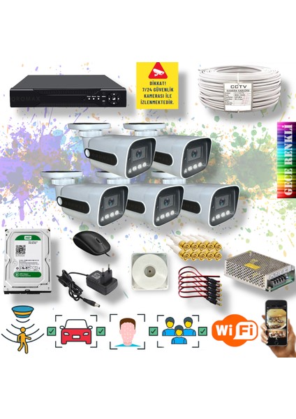 5 Kameralı Set - İnsan Yüz Araç Tanımalı Hareket Algılayan Gece Renkli Gösteren 5 Mp Sony Lensli 4 Warm Ledli 1080P Fullhd Güvenlik Kamerası Seti 784W