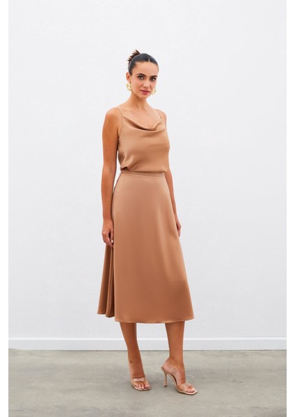 Midi Boy Saten Etek - Camel fiyatları