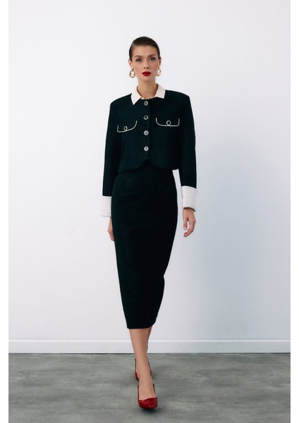 Süs Düğmeli Tüvit Kalem Etek - Siyah
