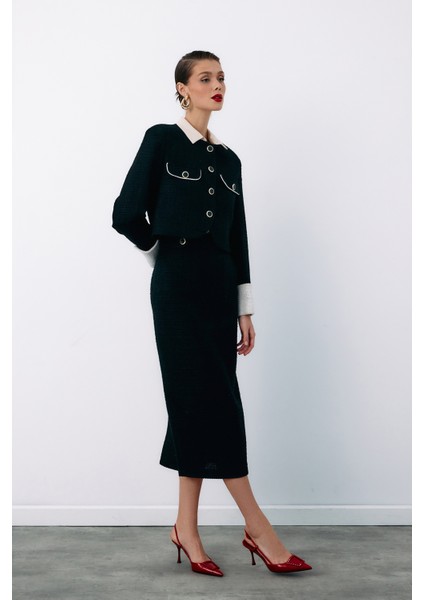 Süs Düğmeli Tüvit Kalem Etek - Siyah indirimleri