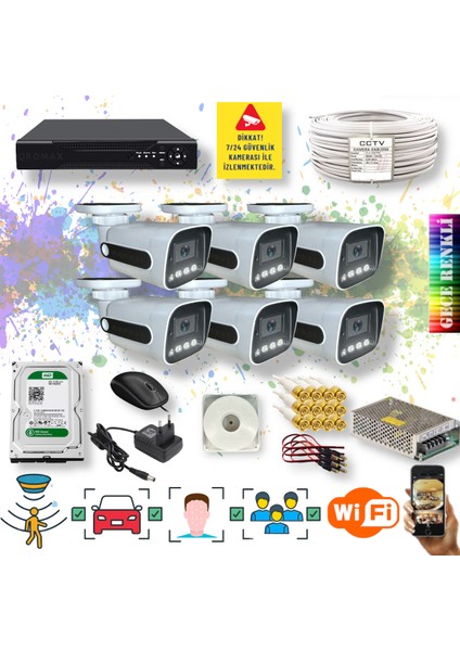 6 Kameralı Set - Insan Yüz Araç Tanımalı Hareket Algılayan Gece Renkli Gösteren 5 Mp Sony Lensli 4 Warm Ledli 1080P Fullhd Güvenlik Kamerası Seti 784W