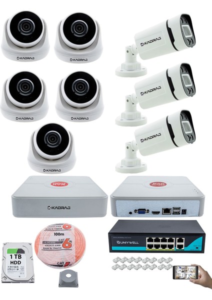 Ip Güvenlik Kamera Seti - 5 İç Mekan Ip Kamera 3 Dış Mekan Ip Kamera 1 Tb H.d.d 9 Kanal Nvr Gece Görüş Uzaktan İzleme Hareket Tabiki İnsan Tespi