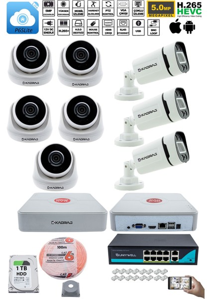 Ip Güvenlik Kamera Seti - 5 İç Mekan Ip Kamera 3 Dış Mekan Ip Kamera 1 Tb H.d.d 9 Kanal Nvr Gece Görüş Uzaktan İzleme Hareket Tabiki İnsan Tespi