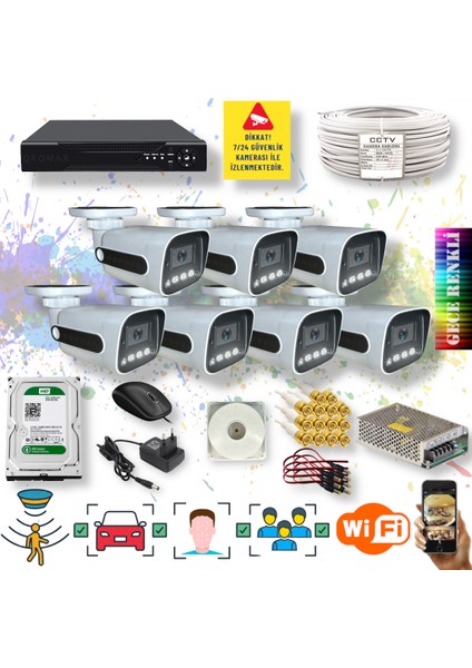 7 Kameralı Set - Insan Yüz Araç Tanımalı Hareket Algılayan Gece Renkli Gösteren 5 Mp Sony Lensli 4 Warm Ledli 1080P Fullhd Güvenlik Kamerası Seti 784W