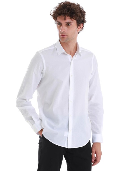 Beyaz Comfort Fit Düz 100% Pamuk Slim Yaka Uzun Kollu Spor Gömlek fırsatları