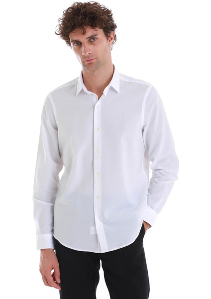 Beyaz Comfort Fit Düz 100% Pamuk Slim Yaka Uzun Kollu Spor Gömlek