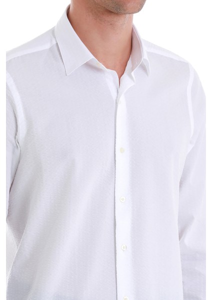 Beyaz Comfort Fit Düz 100% Pamuk Slim Yaka Uzun Kollu Spor Gömlek