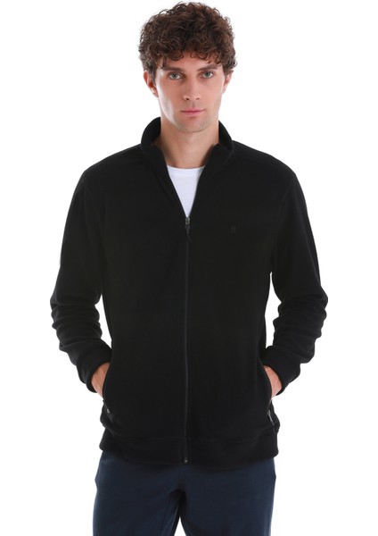 Siyah Regular Fit Tam Fermuarlı Polar Sweatshirt