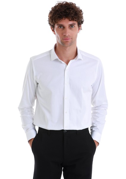Beyaz Slim Fit Düz 100% Pamuk Açık Italyan Yaka Uzun Kollu Saten Gömlek
