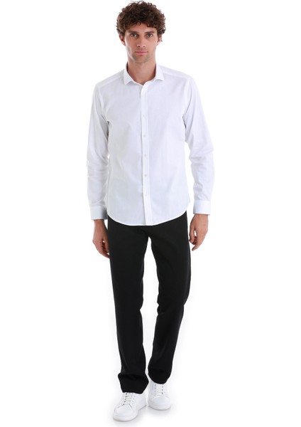 Beyaz Slim Fit Düz 100% Pamuk Açık Italyan Yaka Uzun Kollu Saten Gömlek