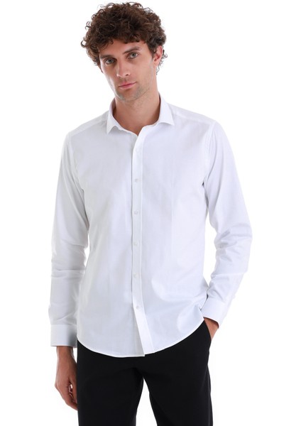 Beyaz Slim Fit Düz 100% Pamuk Açık Italyan Yaka Uzun Kollu Saten Gömlek