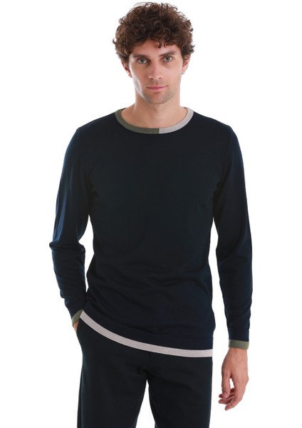 Lacivert Regular Fit Düz Bisiklet Yaka Yünlü Triko Kazak