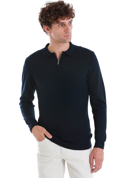 Lacivert Regular Fit Jakarlı Polo Yaka Yünlü Triko Kazak