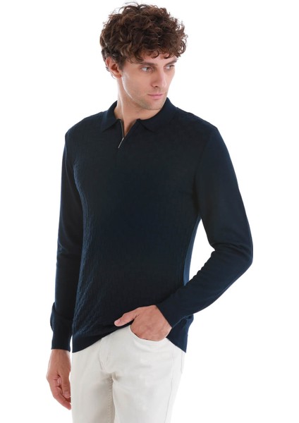 Lacivert Regular Fit Jakarlı Polo Yaka Yünlü Triko Kazak modelleri