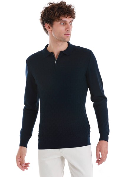 Lacivert Regular Fit Jakarlı Polo Yaka Yünlü Triko Kazak fırsatları