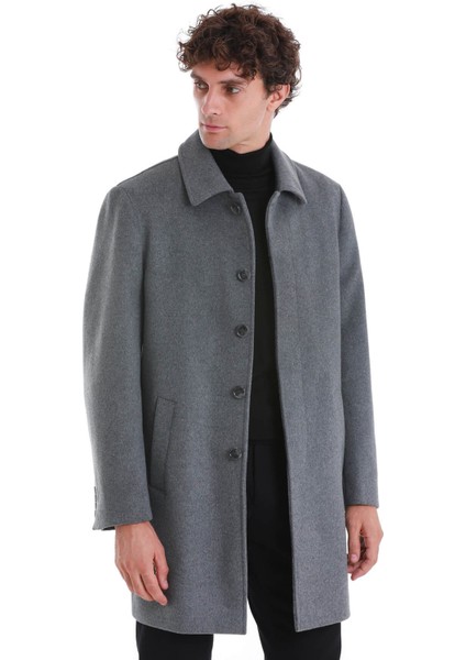 Gri Regular Fit Düz Bebe Yaka Kürklü Kaşe Yünlü Palto