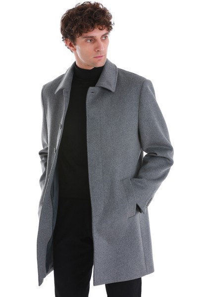 Gri Regular Fit Düz Bebe Yaka Kürklü Kaşe Yünlü Palto modelleri