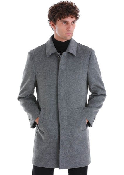 Gri Regular Fit Düz Bebe Yaka Kürklü Kaşe Yünlü Palto fırsatları