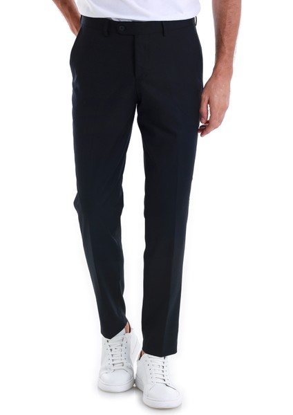Lacivert Slim Fit Düz Yandan Cepli Kumaş Pantolon