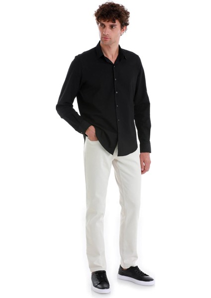 Siyah Comfort Fit Düz 100% Pamuk Slim Yaka Uzun Kollu Spor Gömlek