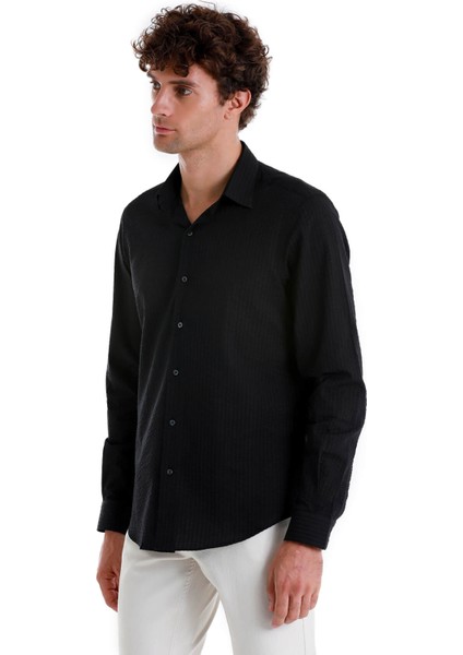 Siyah Comfort Fit Düz 100% Pamuk Slim Yaka Uzun Kollu Spor Gömlek