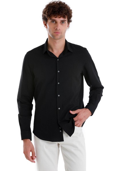 Siyah Comfort Fit Düz 100% Pamuk Slim Yaka Uzun Kollu Spor Gömlek