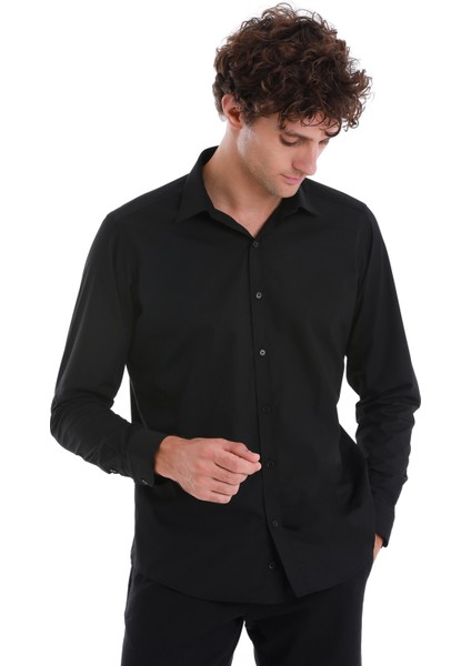 Siyah Slim Fit Düz Slim Yaka Pamuklu Uzun Kollu Spor Gömlek fırsatları