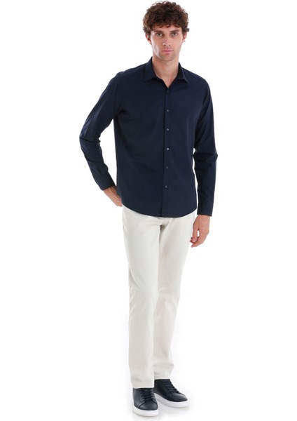 Lacivert Slim Fit Düz Slim Yaka Pamuklu Uzun Kollu Spor Gömlek fiyatları