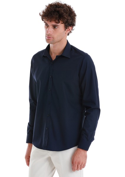 Lacivert Slim Fit Düz Slim Yaka Pamuklu Uzun Kollu Spor Gömlek modelleri