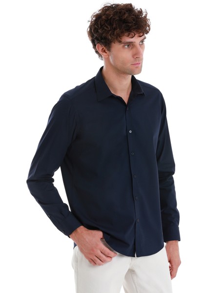 Lacivert Slim Fit Düz Slim Yaka Pamuklu Uzun Kollu Spor Gömlek fırsatları