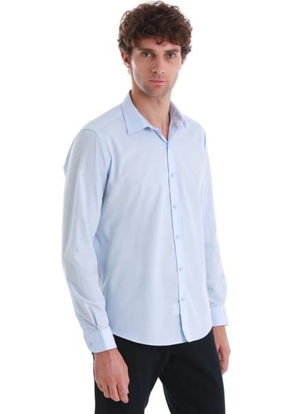 Mavi Slim Fit Düz Slim Yaka Pamuklu Uzun Kollu Spor Gömlek