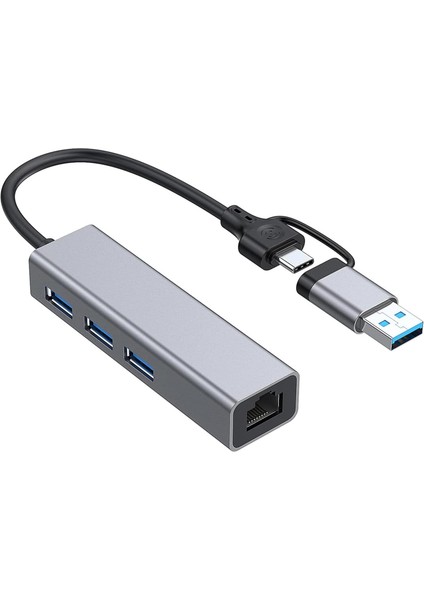 USB ve Type-C Hub 3.0 To RJ45 Ethernet 1000 Mbps Gigabit ve USB 3.0 Çoklayıcı Dönüştürücü 3 Port USB